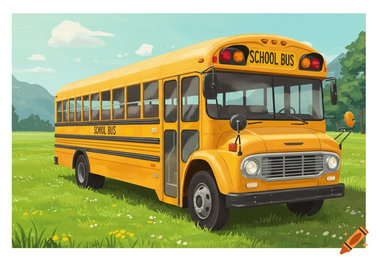 A yellow school bus sits in a grassy field under a cloudy sky. Illustration.