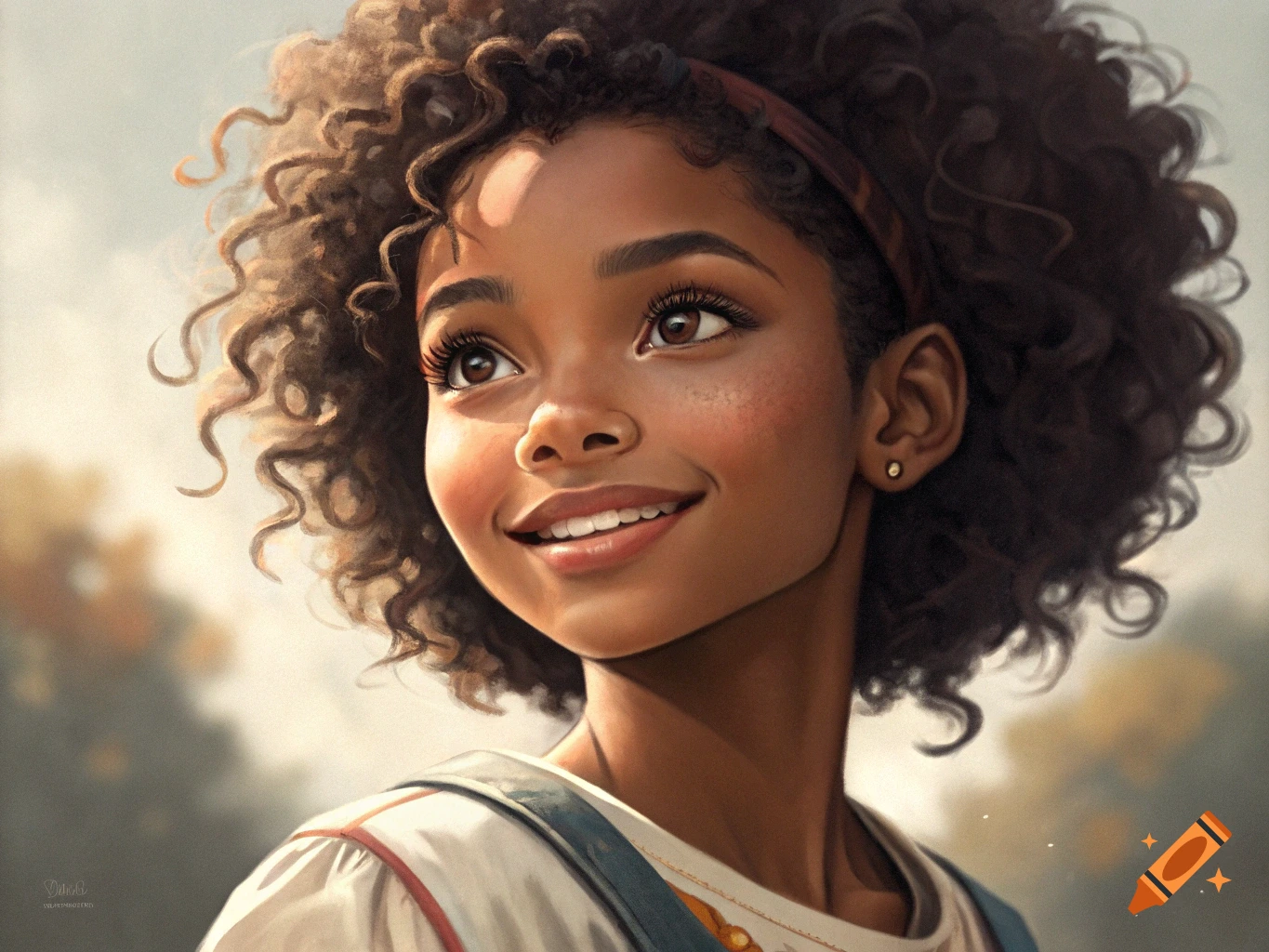 Close-up portrait of a young girl with curly hair looking up and ...