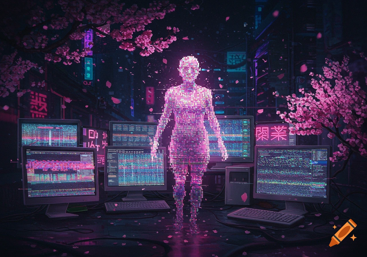 Pixelated figure among screens and cherry blossoms in a dark cyber cityscape