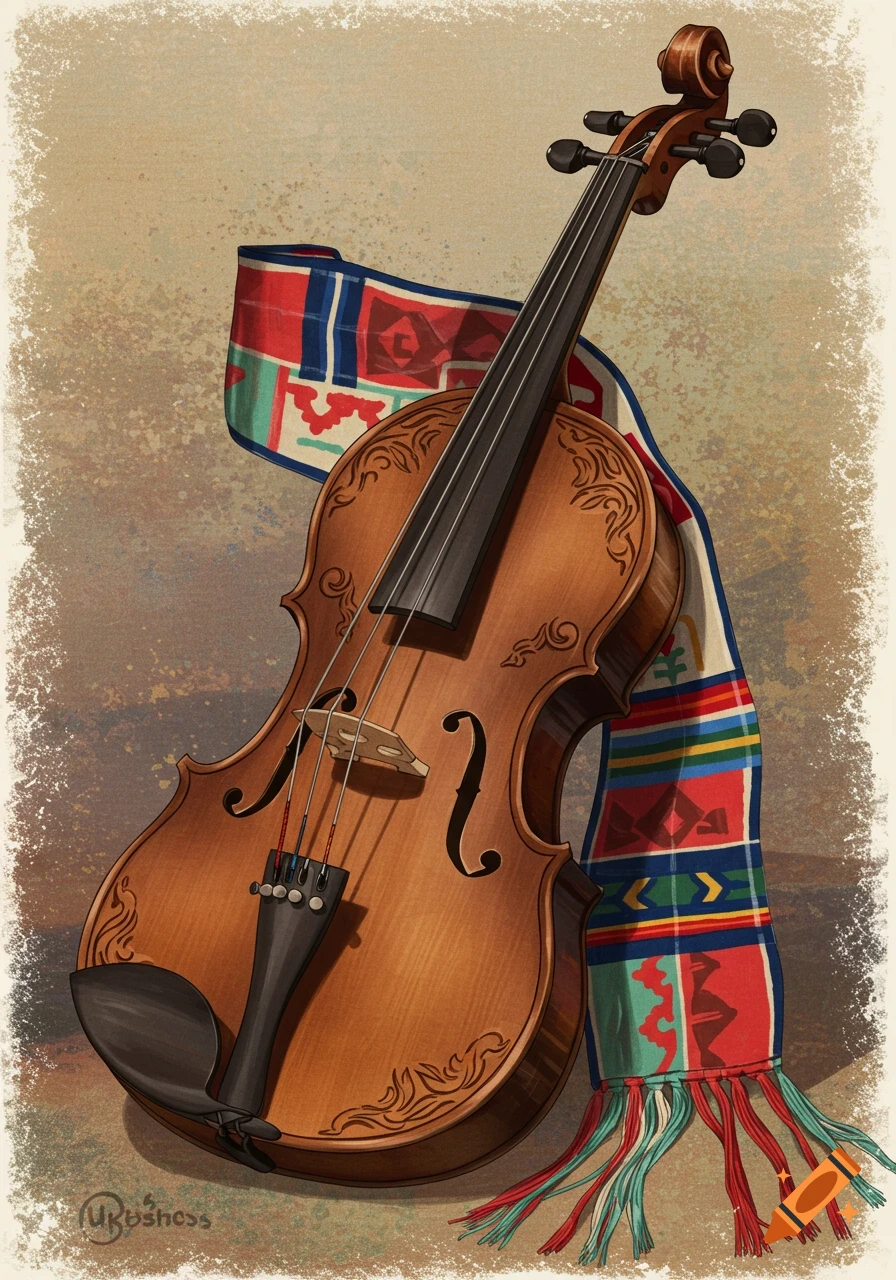 An illustrative painting of a violin leaning against a colorful, patterned sash.