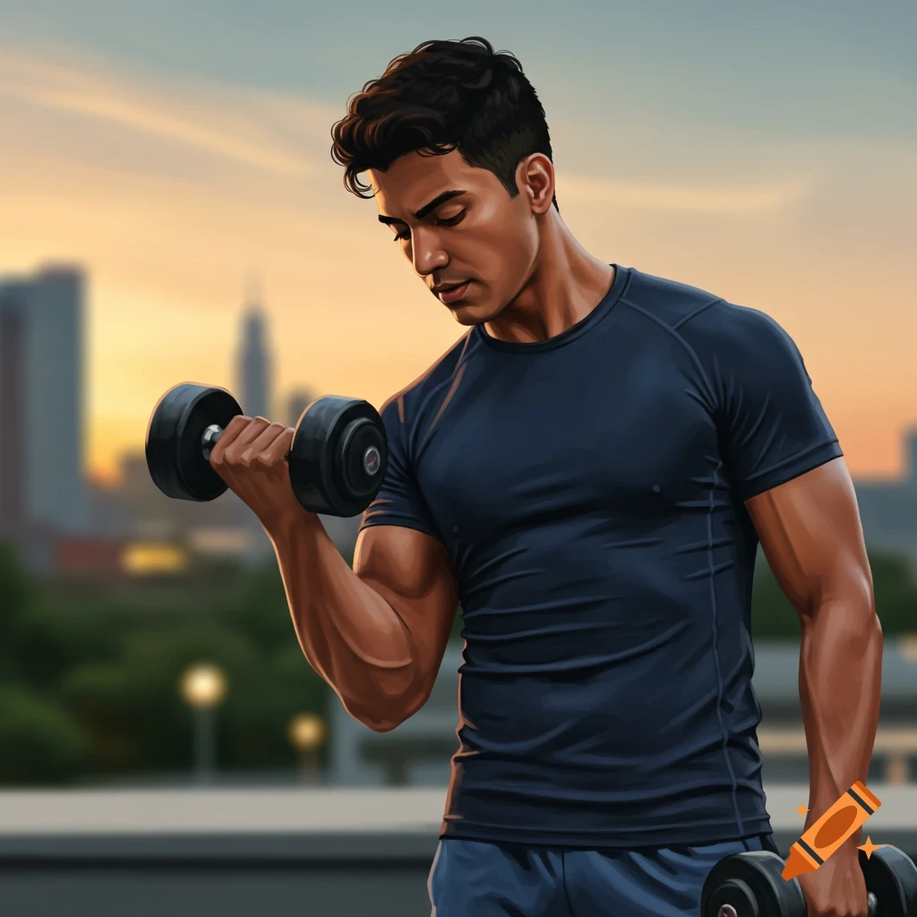 A man lifts dumbbells outdoors with a city skyline in the background at sunset.