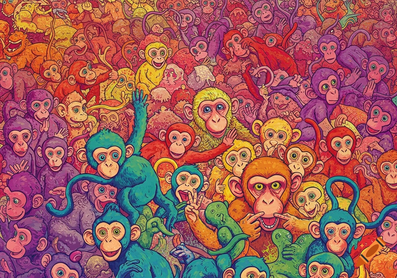 A colorful, dense illustration filled with many cartoon-style monkeys packed together, in hues of red, orange, yellow, purple, green, and teal.