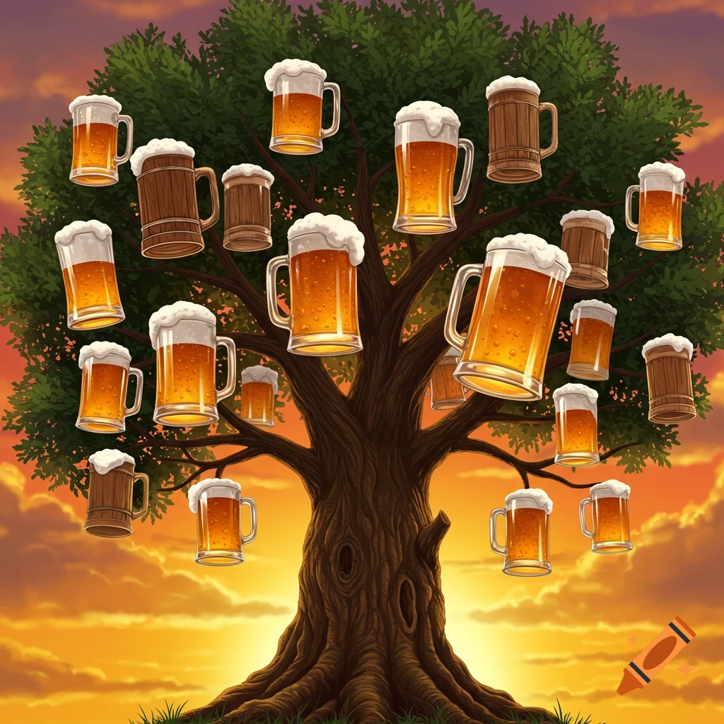 Tree with beer mugs growing from branches against a sunset.