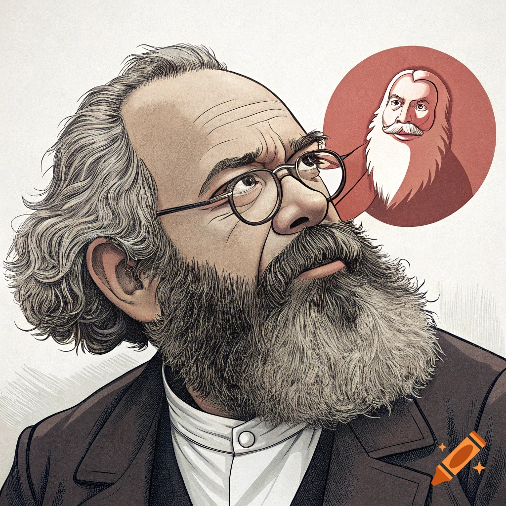 Caricature illustration of Karl Marx looking up, with a face in a red circle beside him.