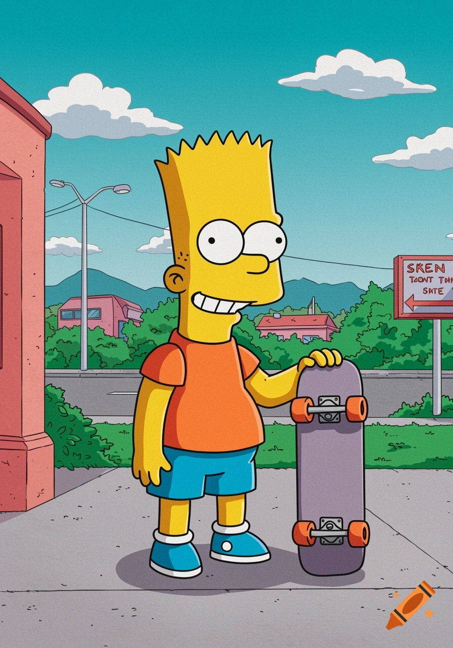Bart Simpson holding a skateboard on a sidewalk in cartoon style