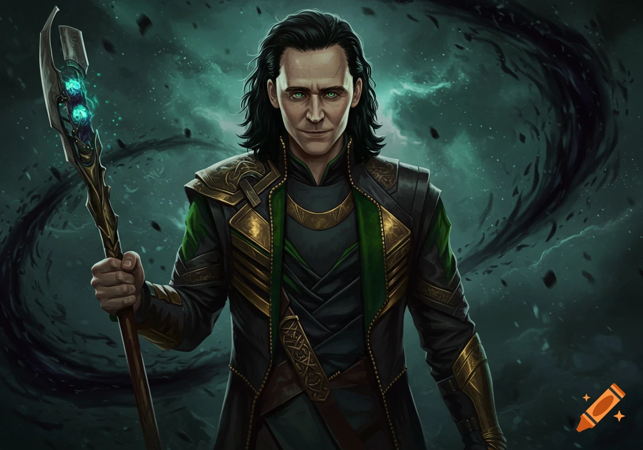 Loki, dressed in black and green armor, holding a staff with a glowing blue stone, against a dark green background.