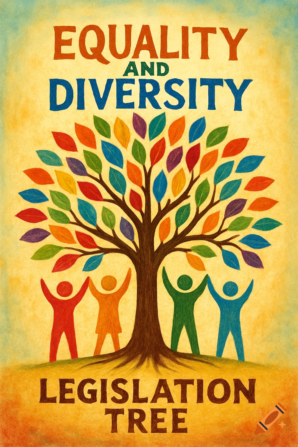 Illustration of a tree with colorful leaves and figures holding hands, text reads Equality and Diversity Legislation Tree.