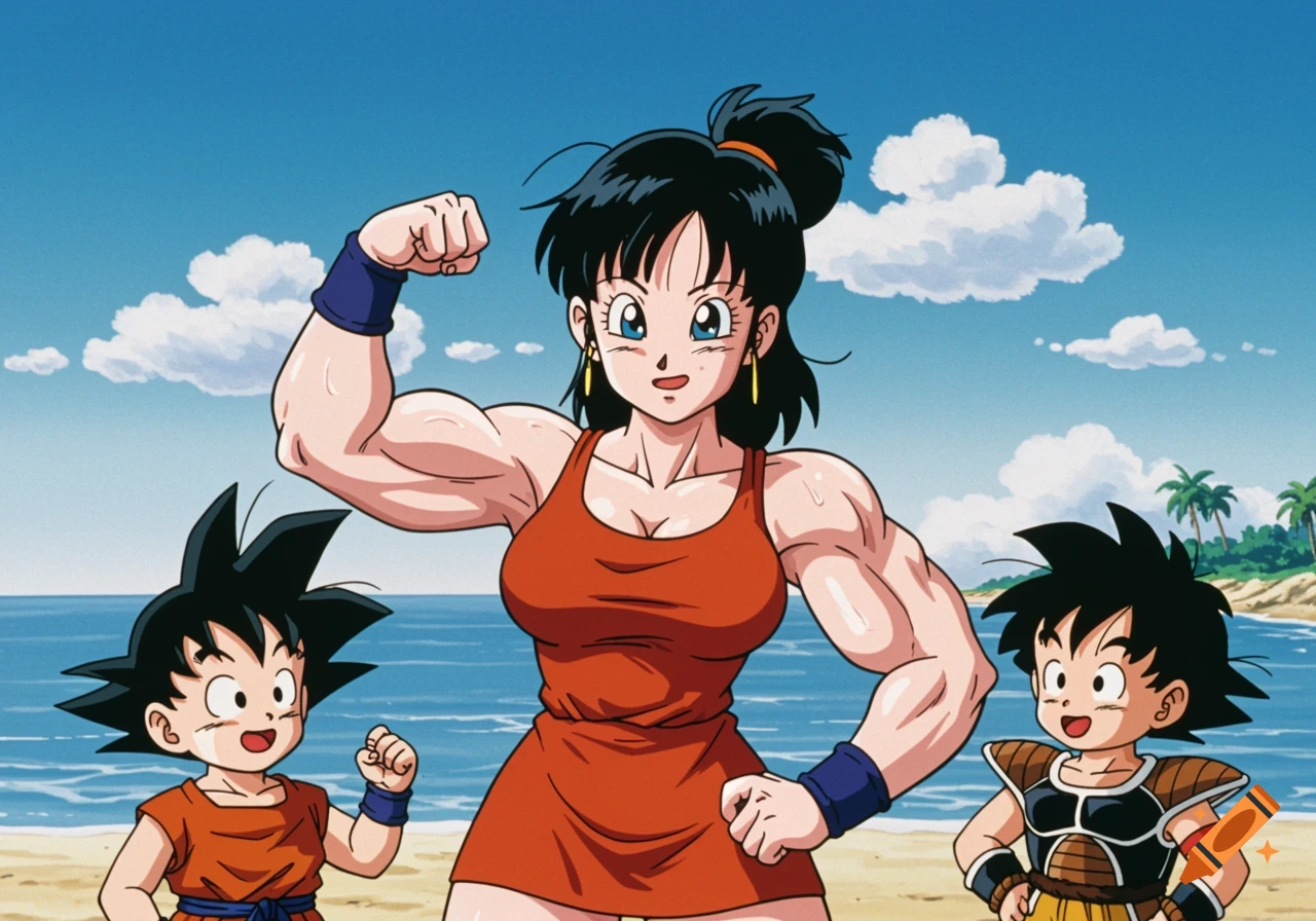 Anime style image of a muscular woman flexing her bicep on a beach with two children beside her.