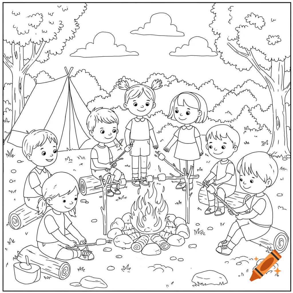 Black and white line drawing of kids roasting marshmallows at a campfire while camping.