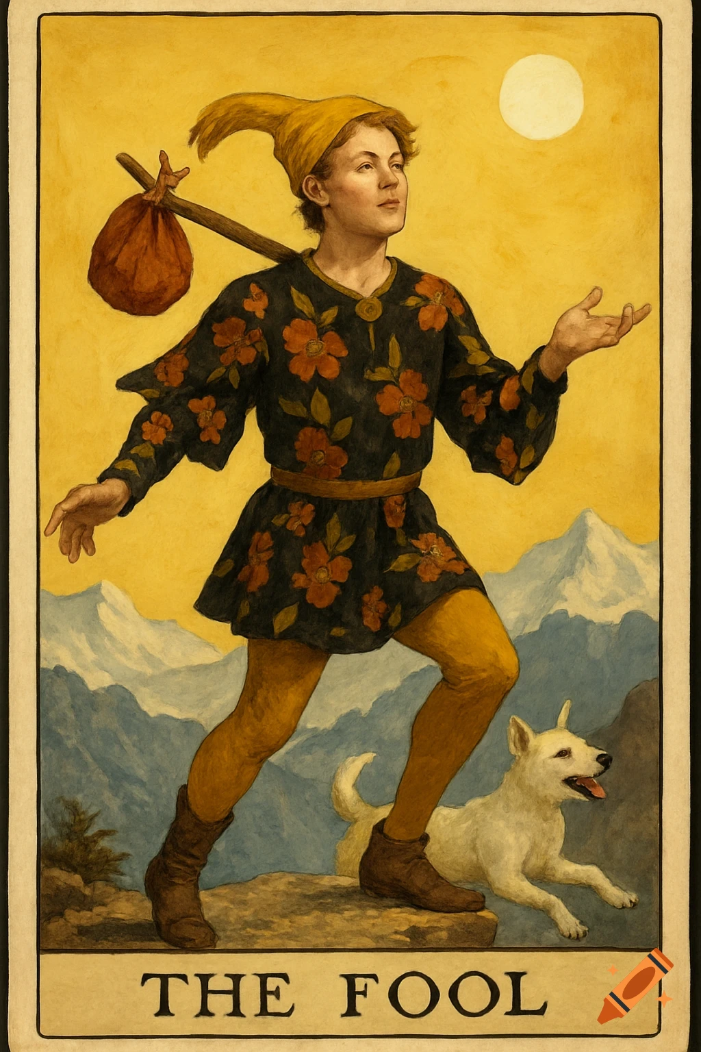 An illustrated tarot card of The Fool, showing a figure and dog in a landscape, with the text 'THE FOOL' at the bottom.