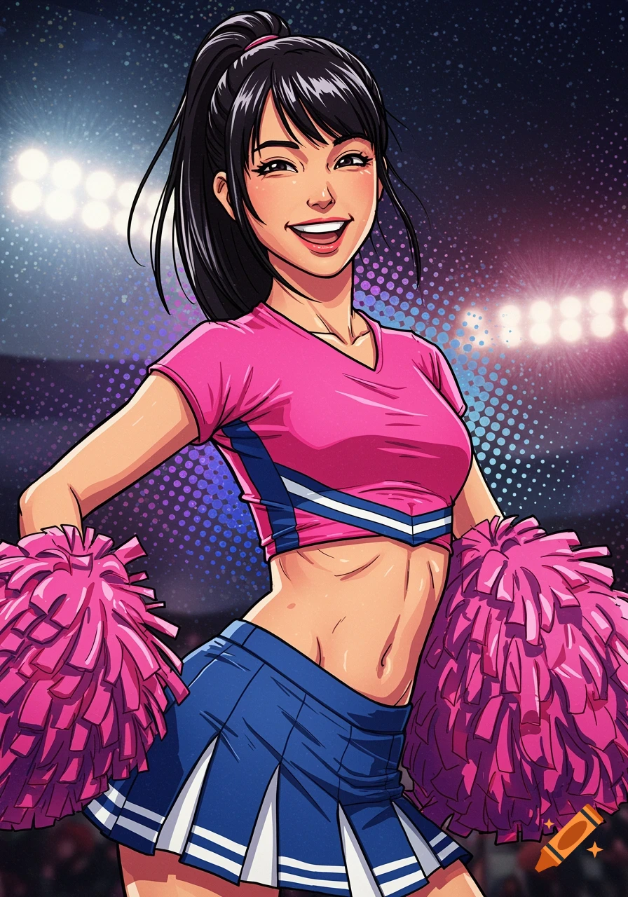A stylized illustration of a smiling woman in a pink crop top and blue skirt cheerleader uniform holding pink pom-poms.