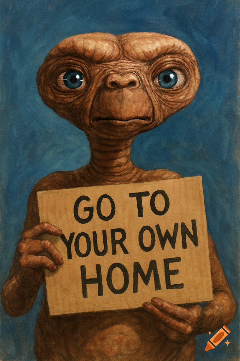 An illustration of E.T. the Extra-Terrestrial holding a sign that says 'GO TO YOUR OWN HOME' against a blue background.