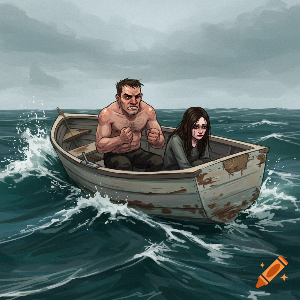 Illustration of an angry man and a sad woman in a small boat on rough seas.