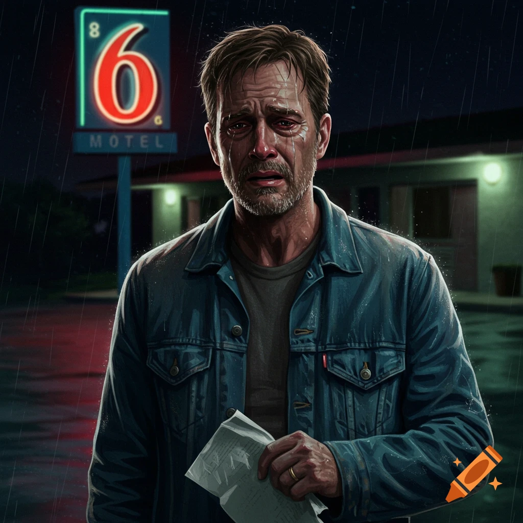 A crying man stands in the rain outside a motel.