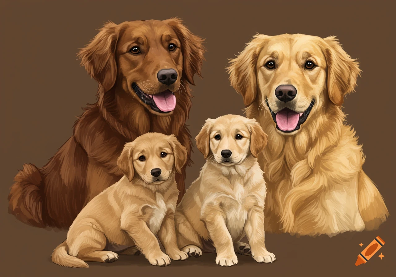 An illustration of a Golden Retriever family, including two adult dogs and two puppies.