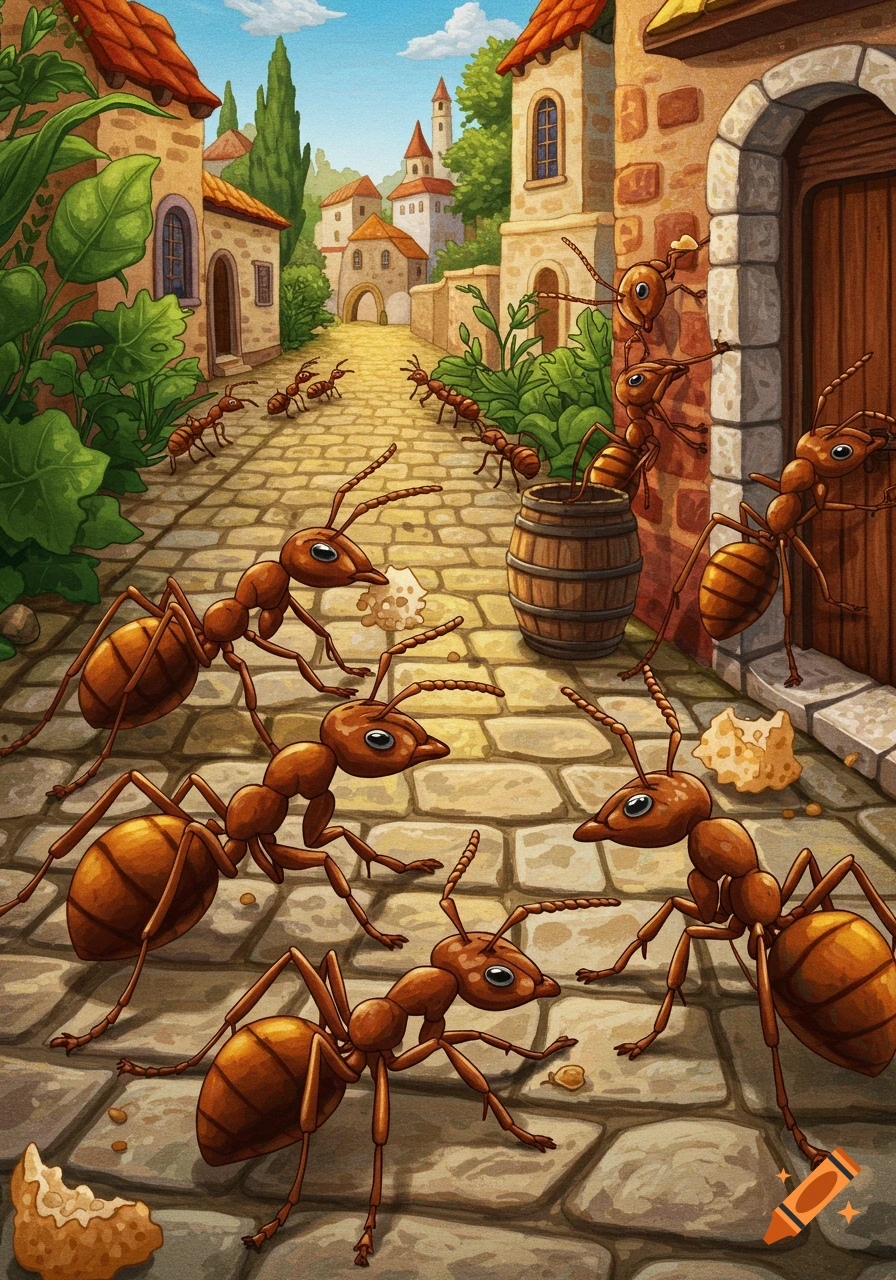 Ants carry food crumbs down a cobblestone street in a stylized village illustration.