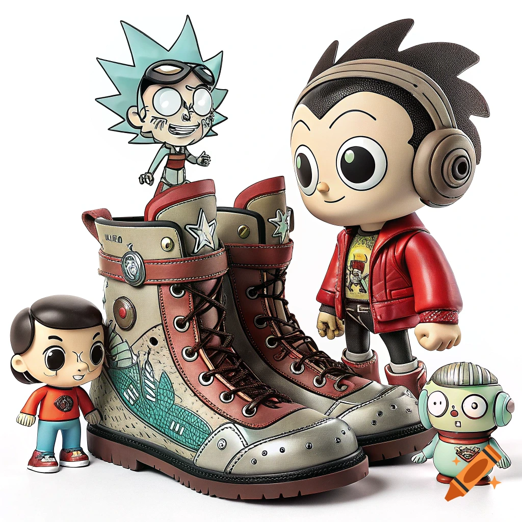 Stylized figures of Astro Boy and Rick alongside decorated boots, resembling collectibles.