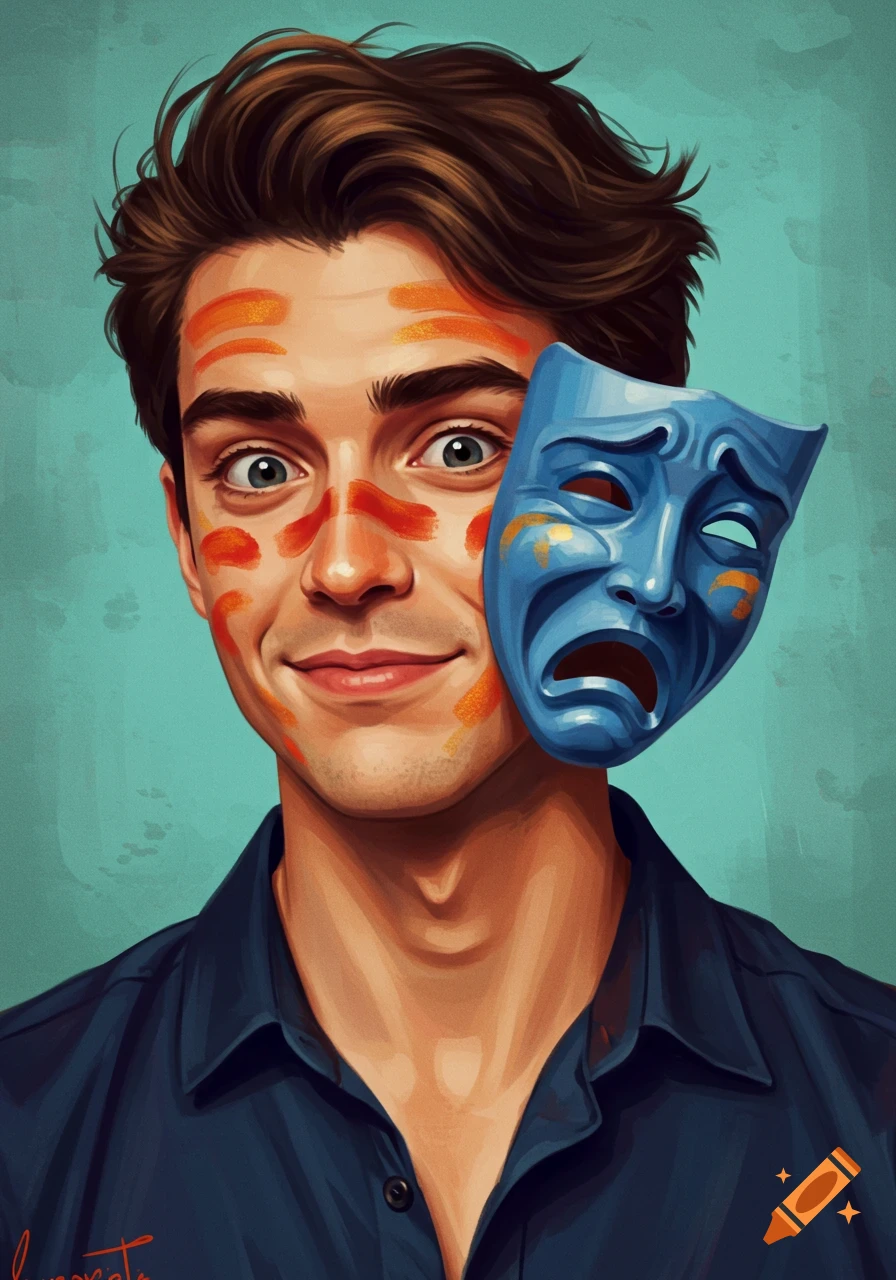 Stylized digital painting portrait of a young man with orange face paint and a blue theatre mask.