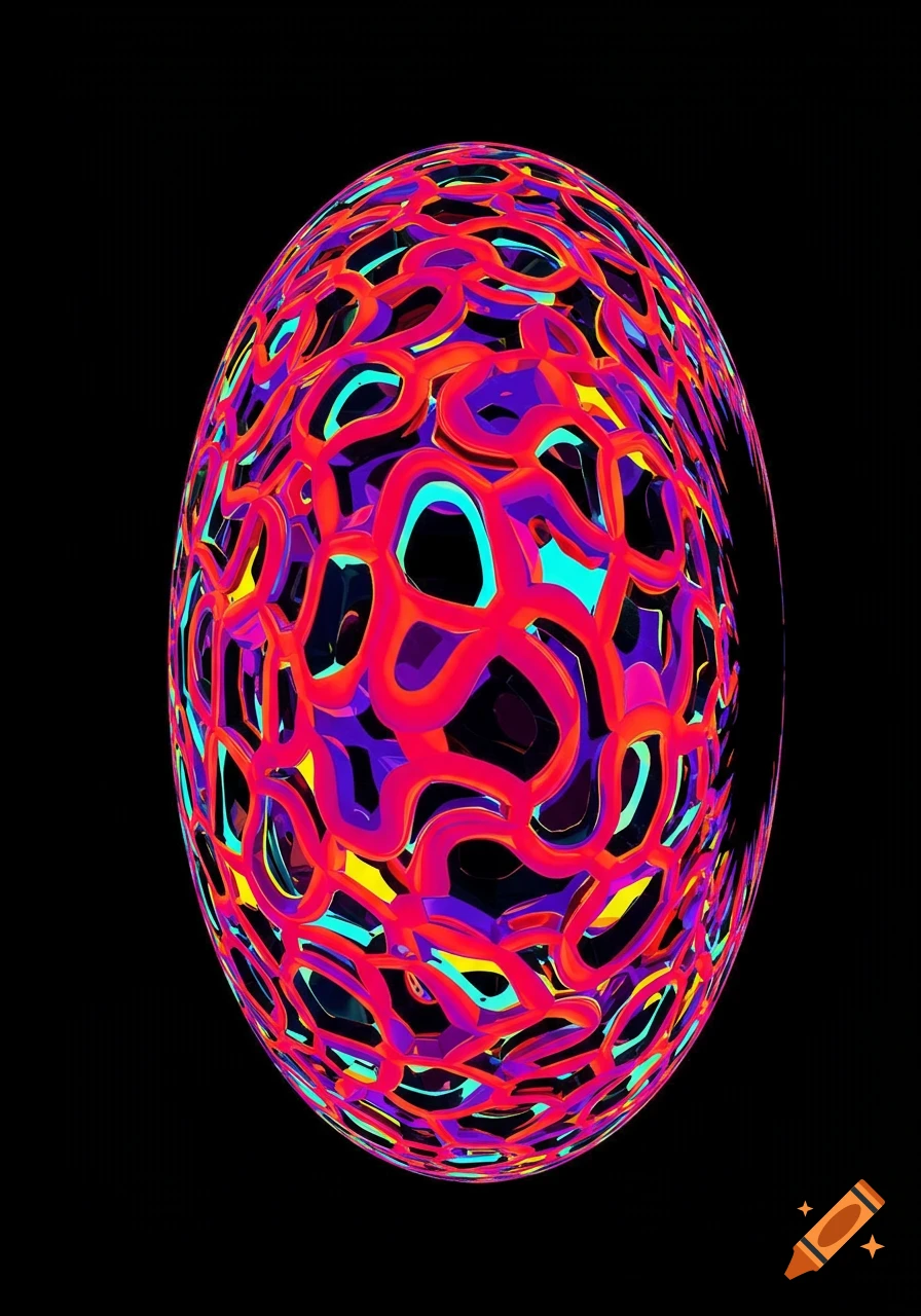 A vibrant abstract sphere covered in interlocking red, orange, purple, yellow, and blue patterns on a black background.