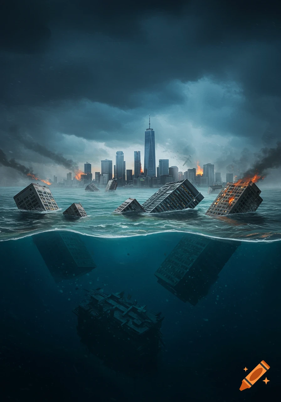 Flooded city with burning, sinking buildings and skyscrapers visible under a dark, stormy sky.