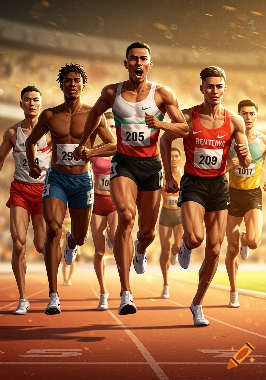 Group of male athletes sprinting on a track during a race