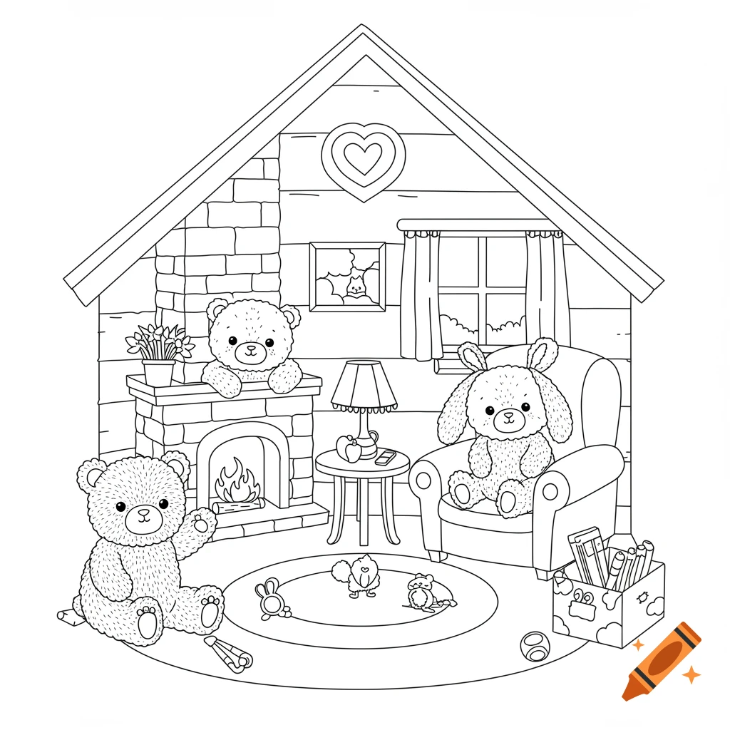 Line art coloring page of teddy bears and a bunny in a cozy house