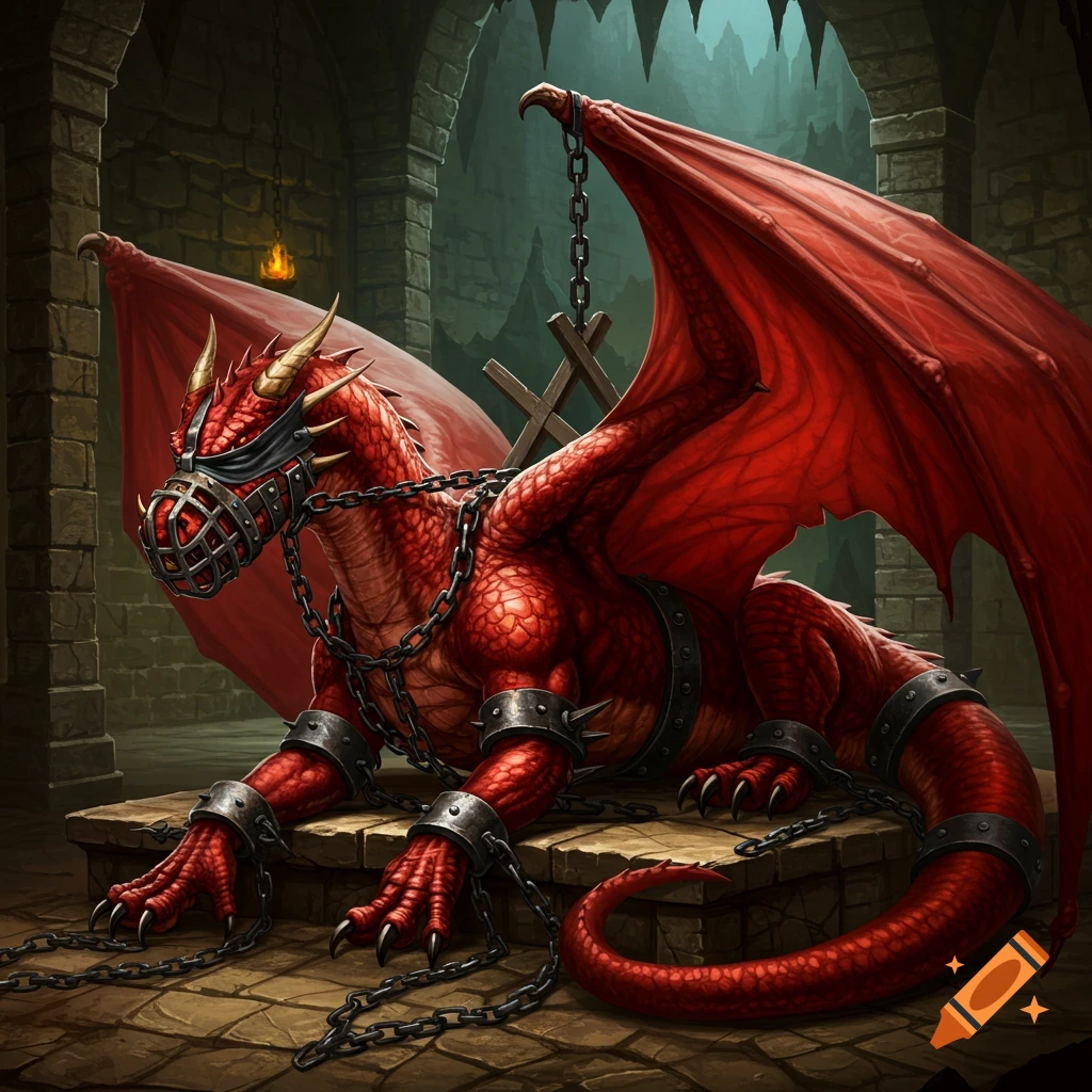 A red dragon is heavily chained and muzzled in a dark stone dungeon.