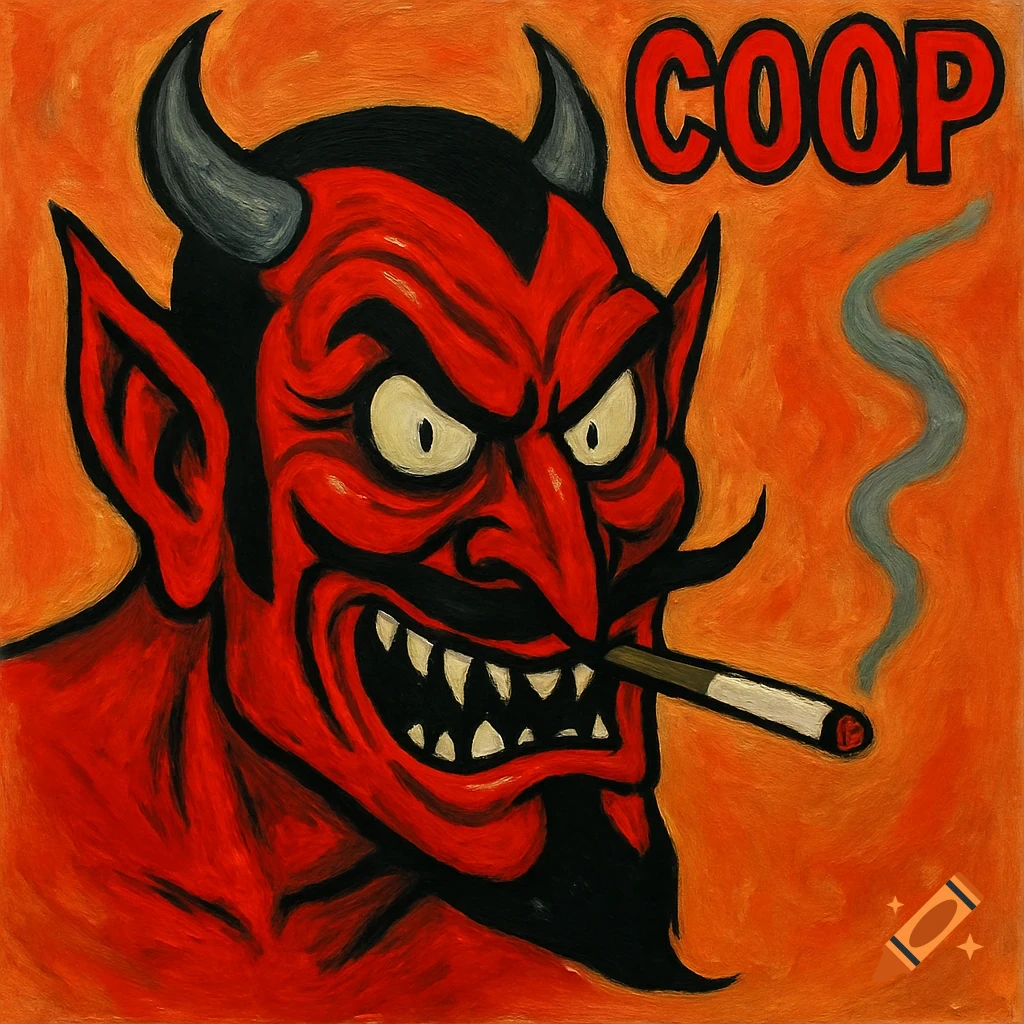 Illustration of a red devil smoking a cigarette with the word COOP