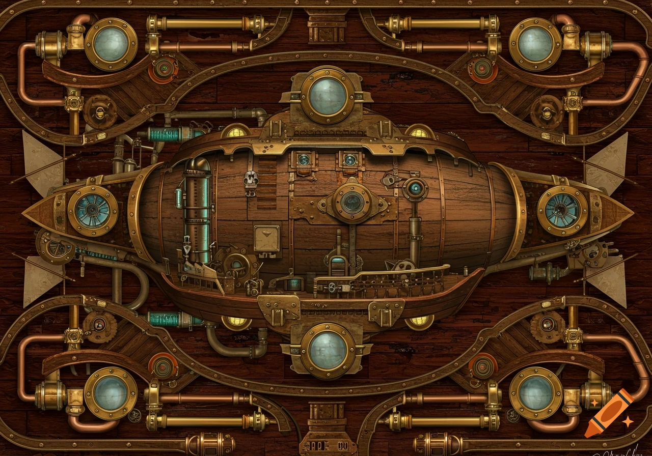 Detailed steampunk airship design on a wooden background.