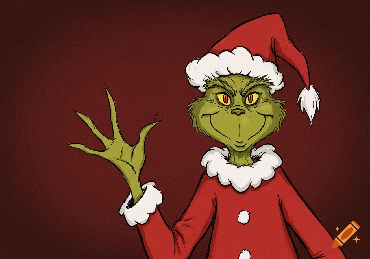 Illustration of the Grinch in a Santa hat and suit waving