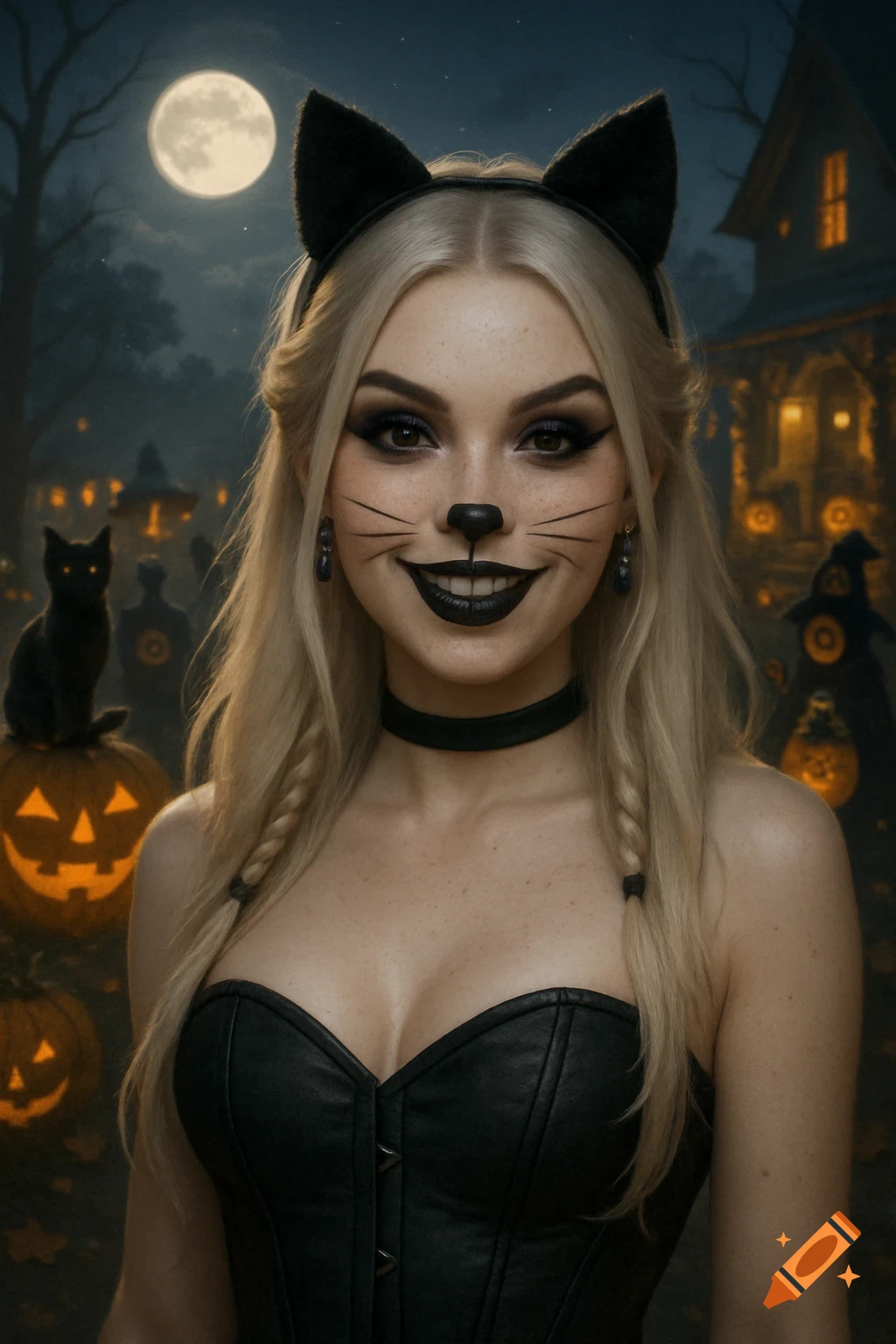 A woman in a cat costume with cat makeup stands in a spooky Halloween yard with pumpkins and a full moon.