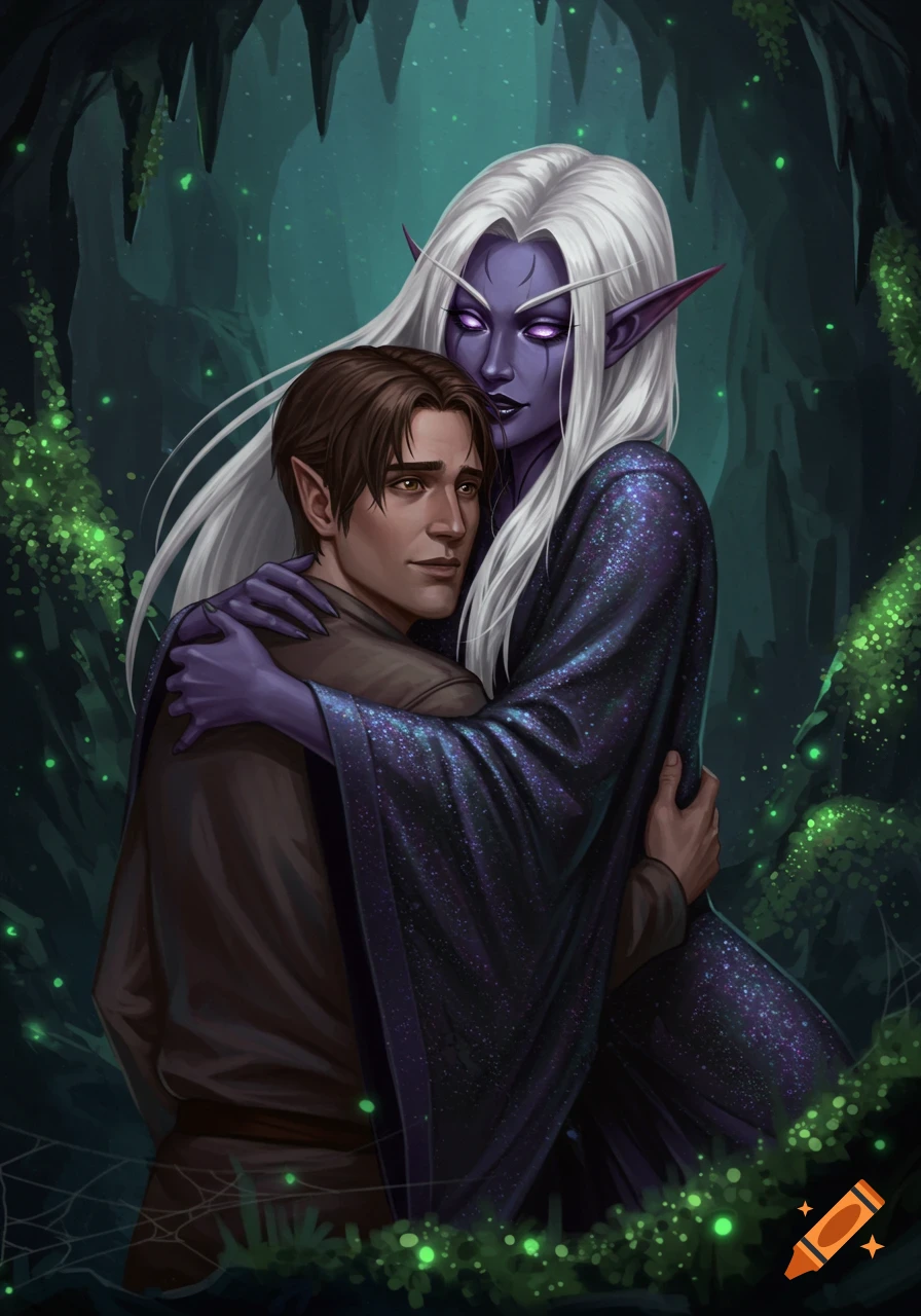 A dark elf woman with white hair embraces a human man in a mystical ...