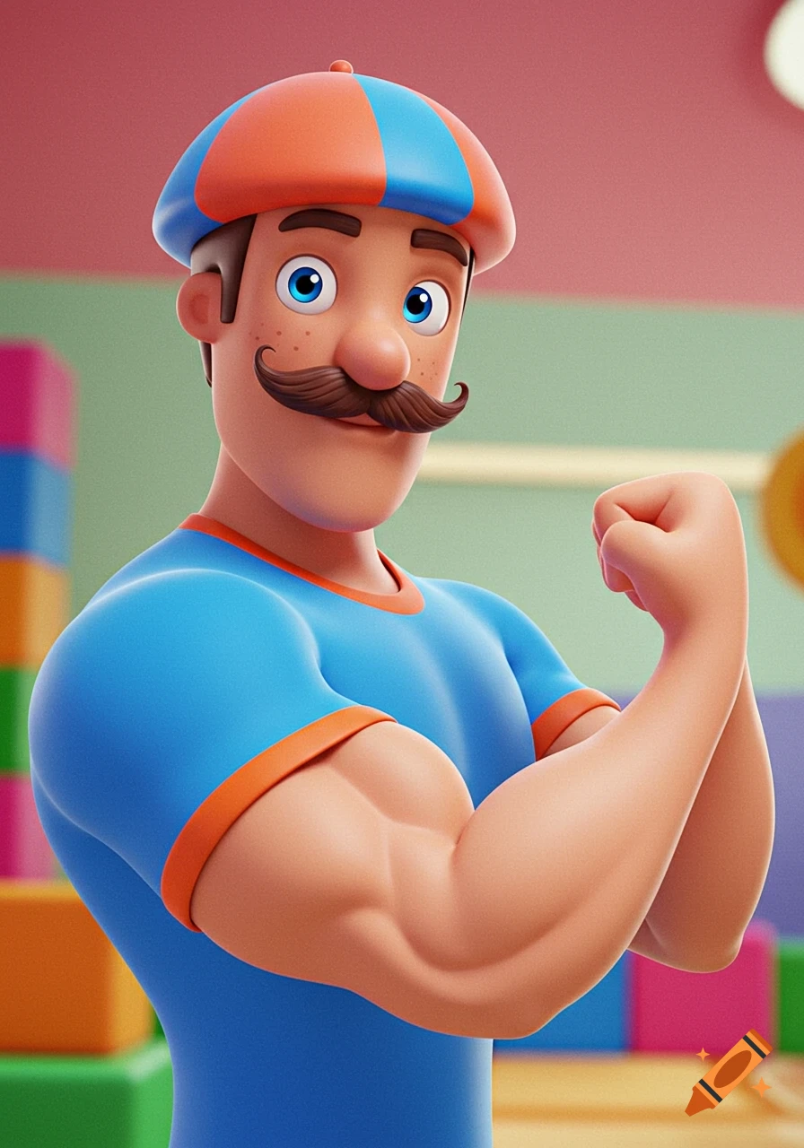 Cartoon man with mustache and cap flexing bicep