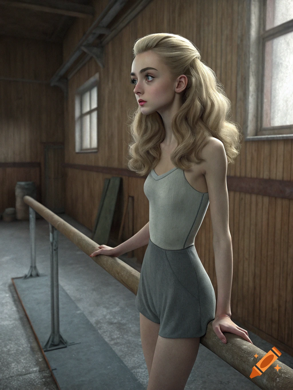 A young woman stands beside a balance beam in a gymnasium.