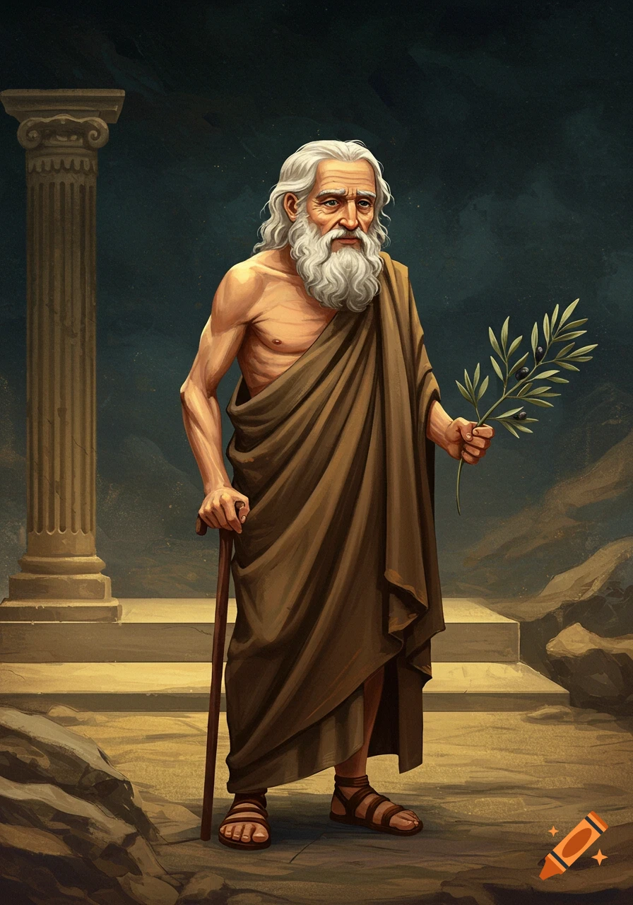 Illustration of an old man in a toga holding a walking stick and olive branch, standing near a column