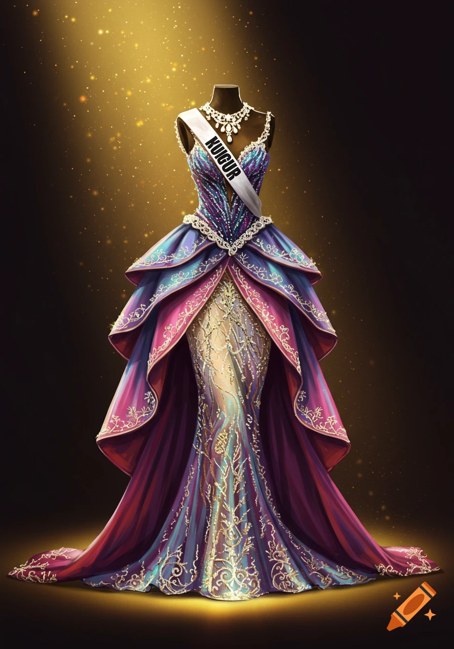 A highly elaborate, shimmering purple and blue pageant gown on a mannequin, with a sash that reads 'KUIGUR'. The background is dark with golden sparkles.