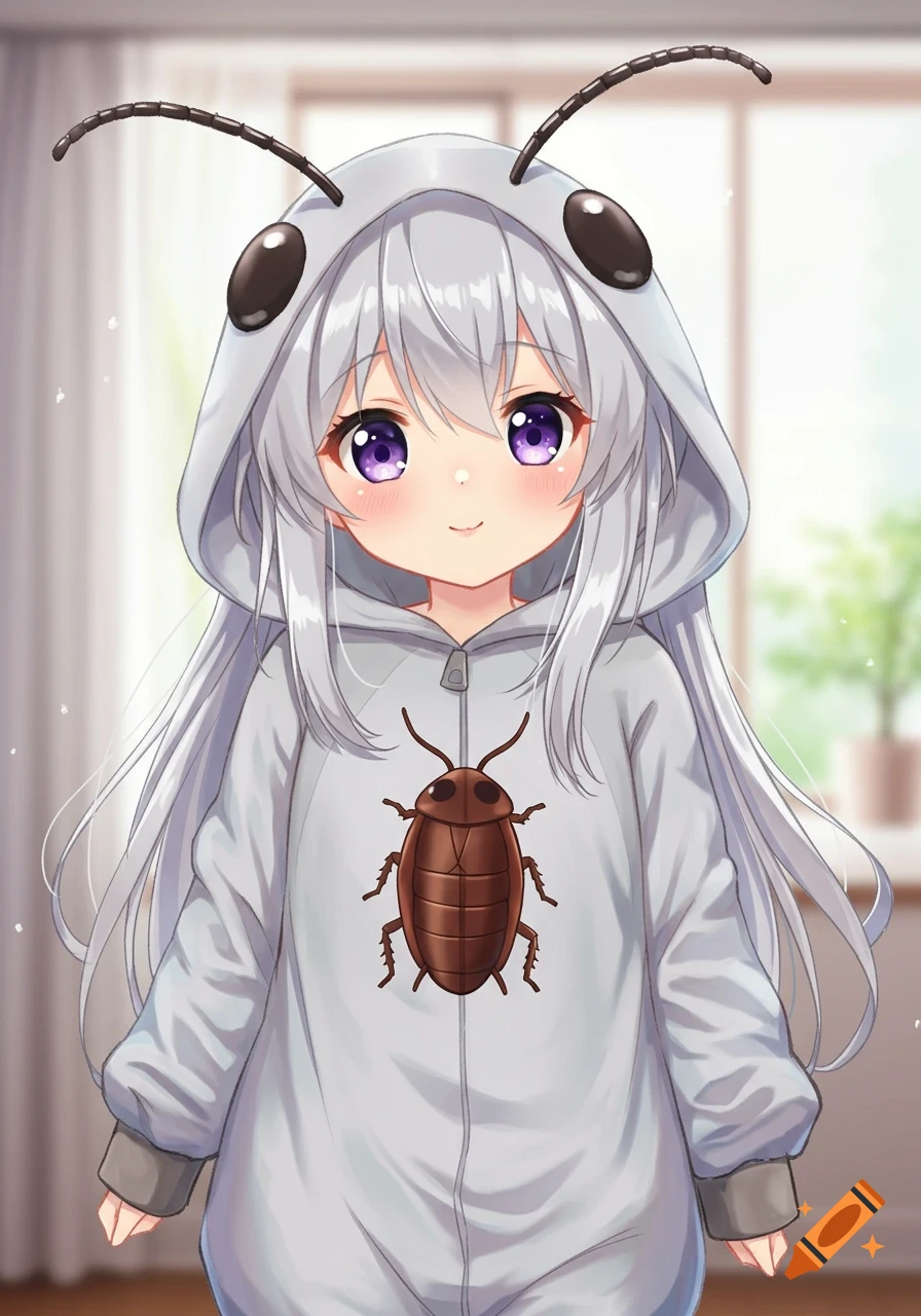 A cute anime girl with grey hair and purple eyes wears a light grey cockroach onesie with a cockroach design on the chest.