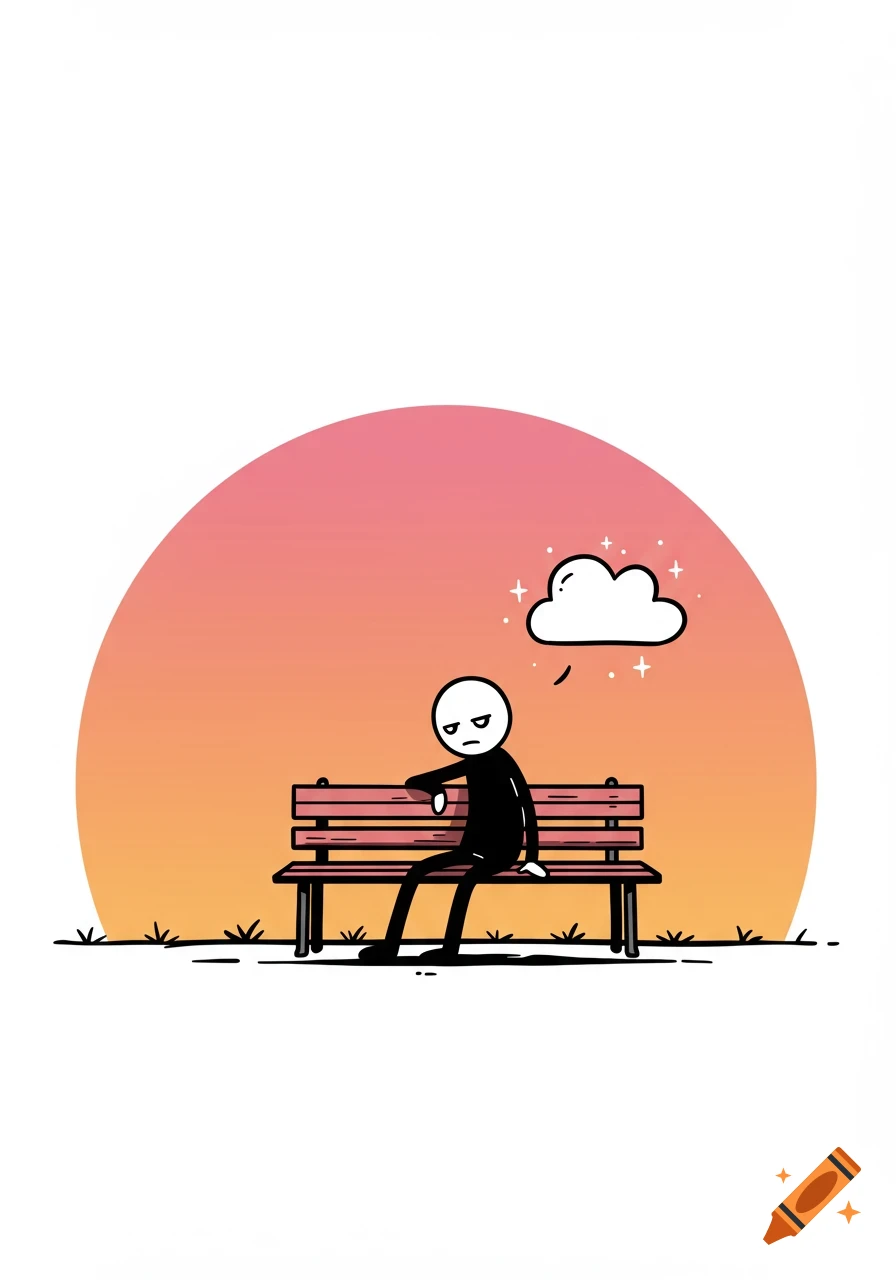 Minimalist stickman sitting on a park bench at sunset with a thought cloud.