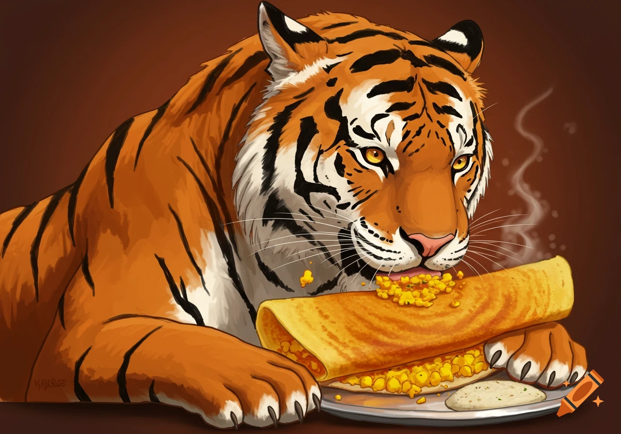 A cartoon-style tiger eats a masala dosa from a plate.