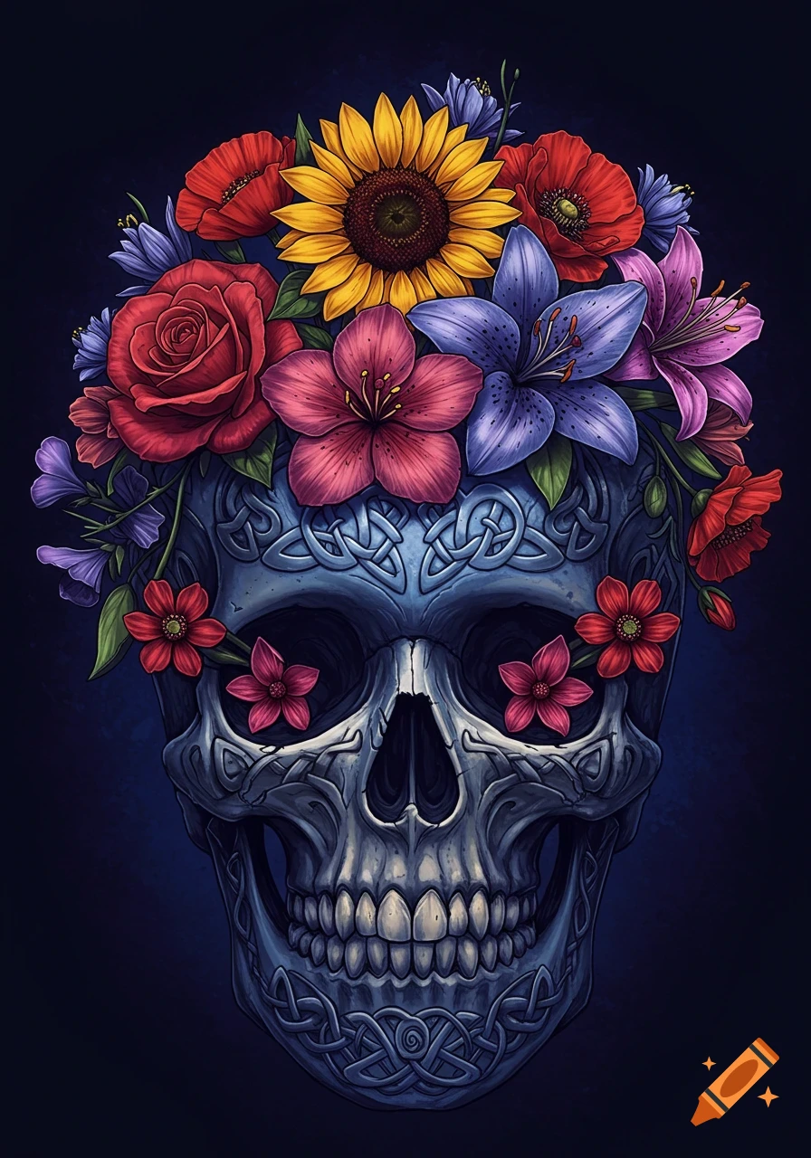 Stylized skull decorated with colorful flowers and Celtic knot patterns.