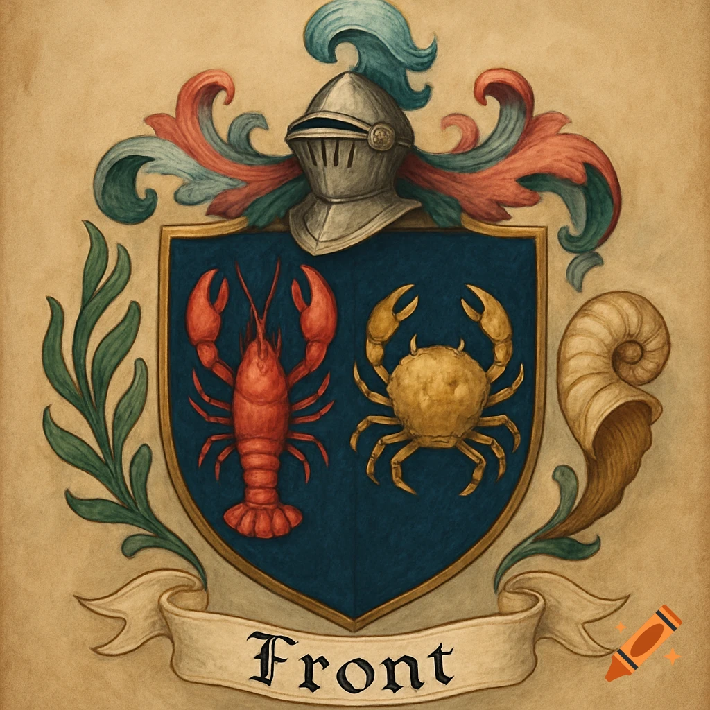Illustrated coat of arms with a red lobster, golden crab, and silver knight's helm. Banner below reads "Front".