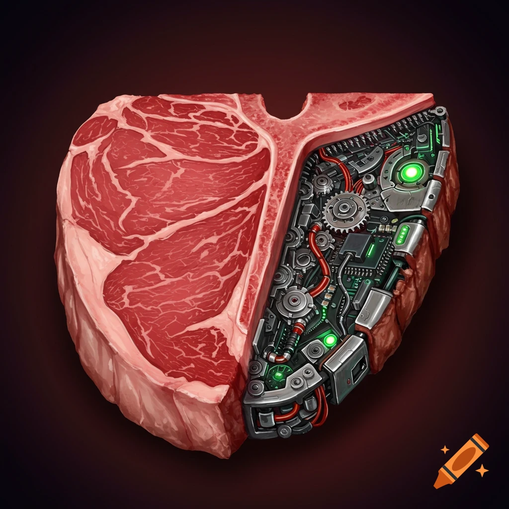 A surreal T-bone steak with one half depicted as raw meat and the other half as detailed cyborg machinery.