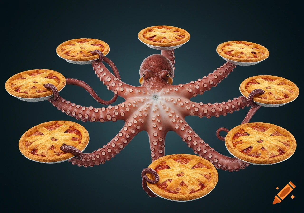 An octopus holds a pie with each of its eight arms against a dark background.