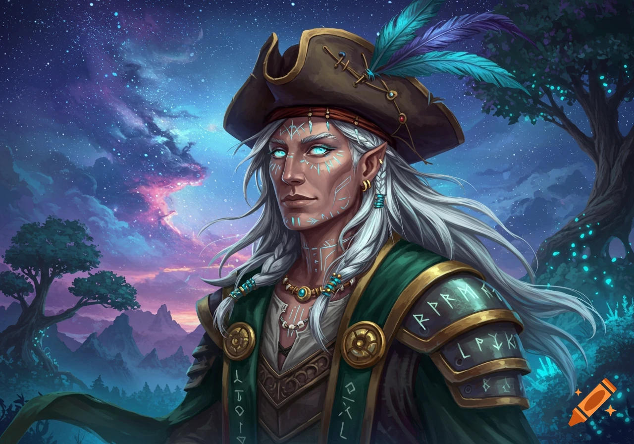 Fantasy portrait of an elf with white hair, glowing eyes, and a pirate hat under a starry sky.