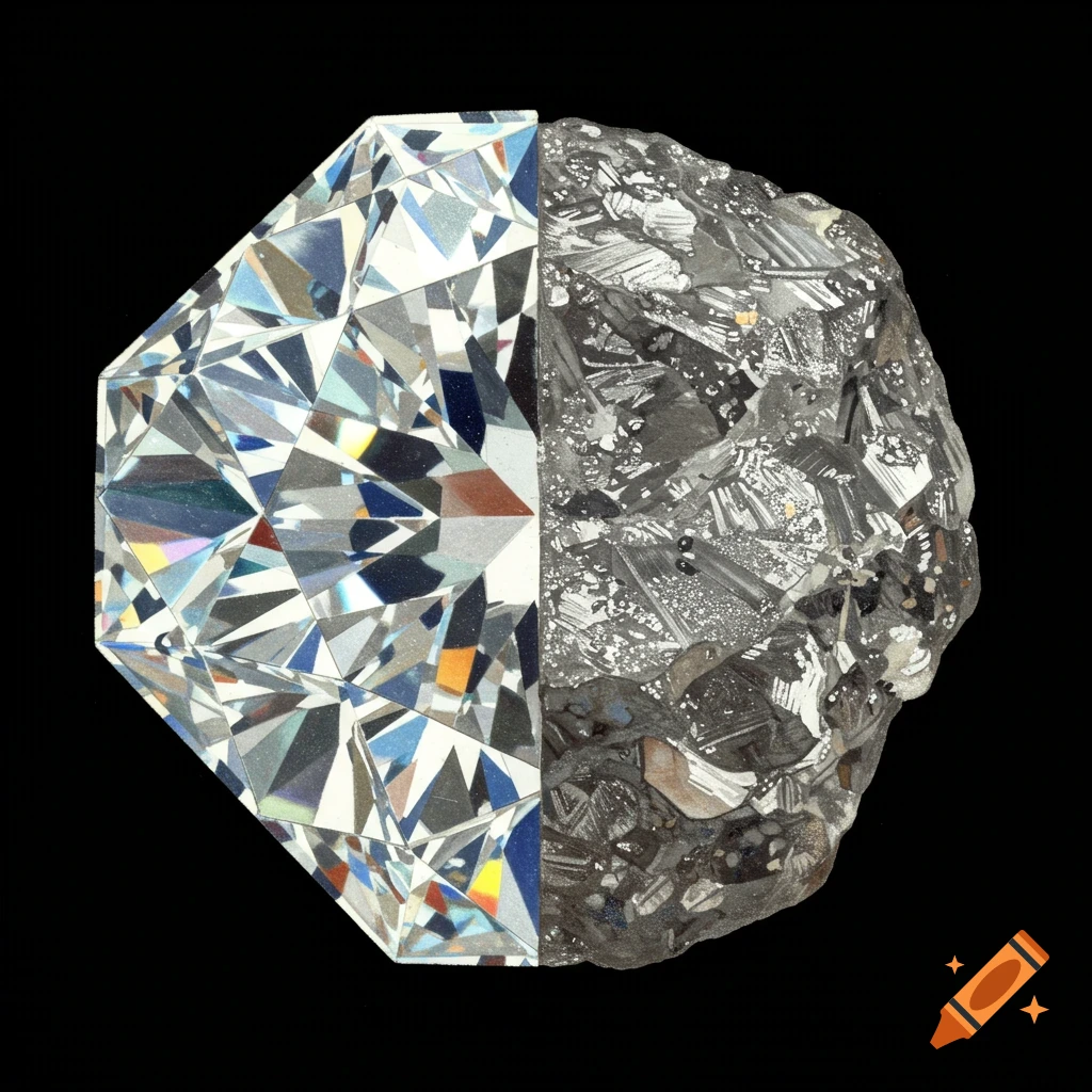 A polished diamond blended with a rough stone on a black background.