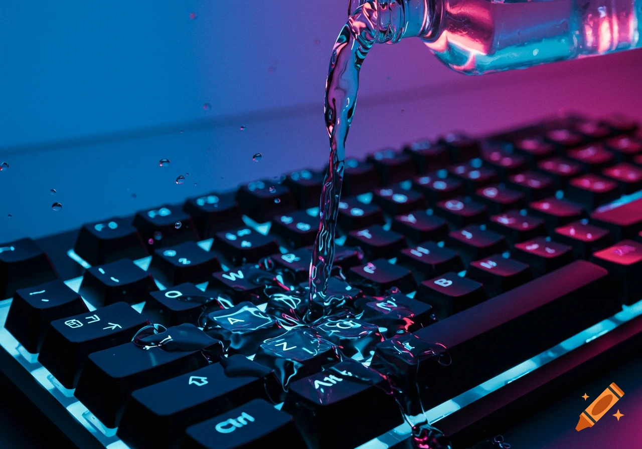 Water pouring from a bottle onto a backlit computer keyboard with blue and pink light, splashing droplets.