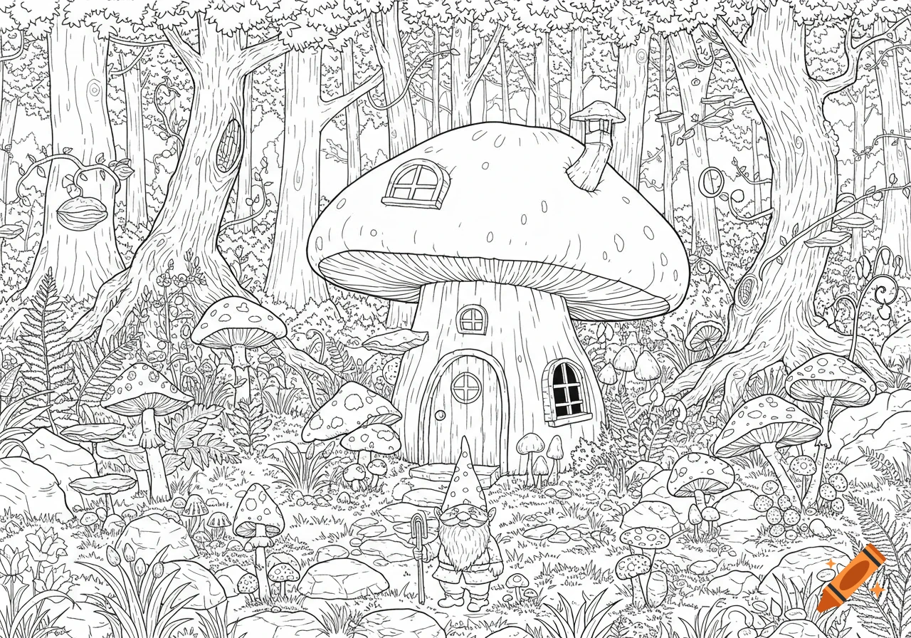Black and white coloring book page of a magical forest with a mushroom house and a gnome.
