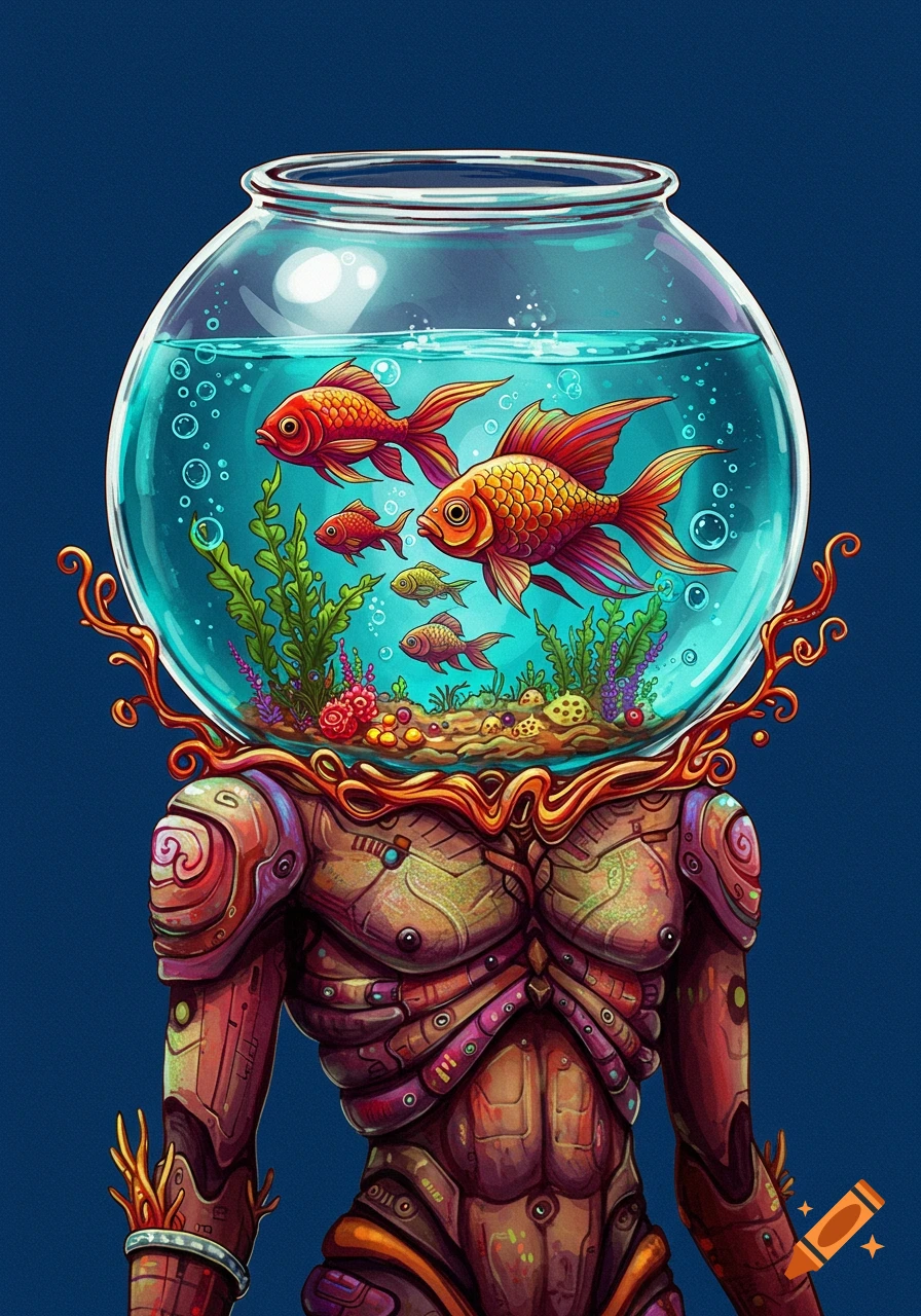A mechanical body with a fishbowl head containing goldfish and aquatic plants.