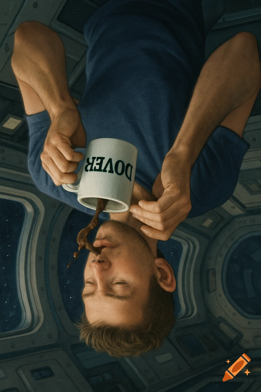 Man drinks floating coffee upside down in a spaceship, with 'Dover' text on mug