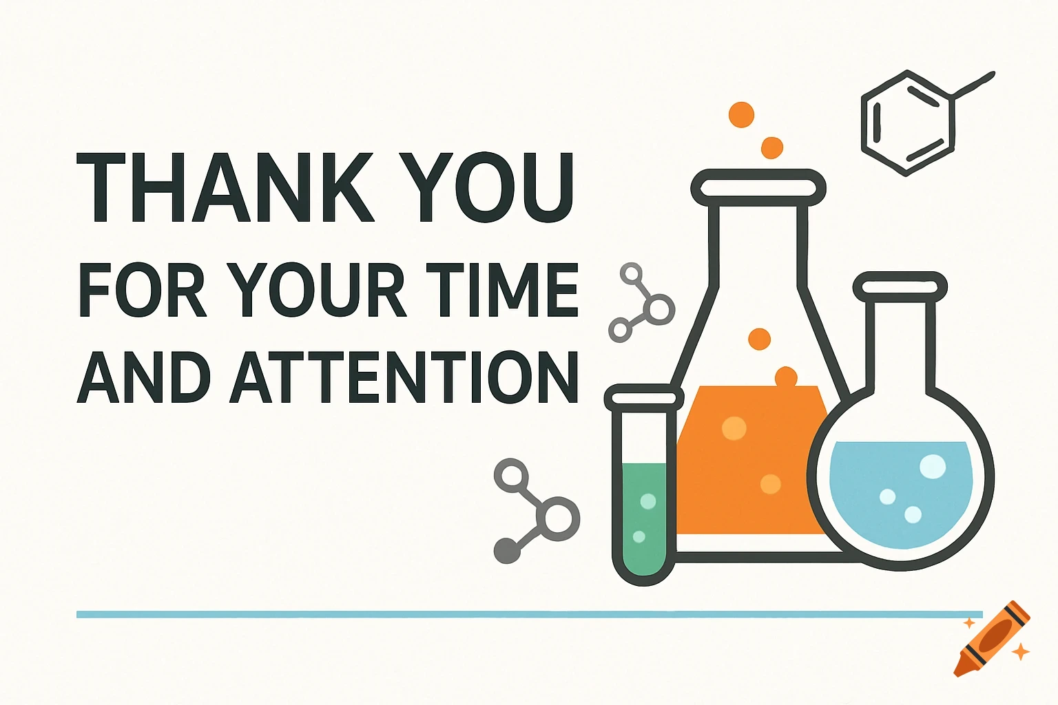 A graphic slide with chemistry flasks, molecules, and text saying "Thank you for your time and attention".